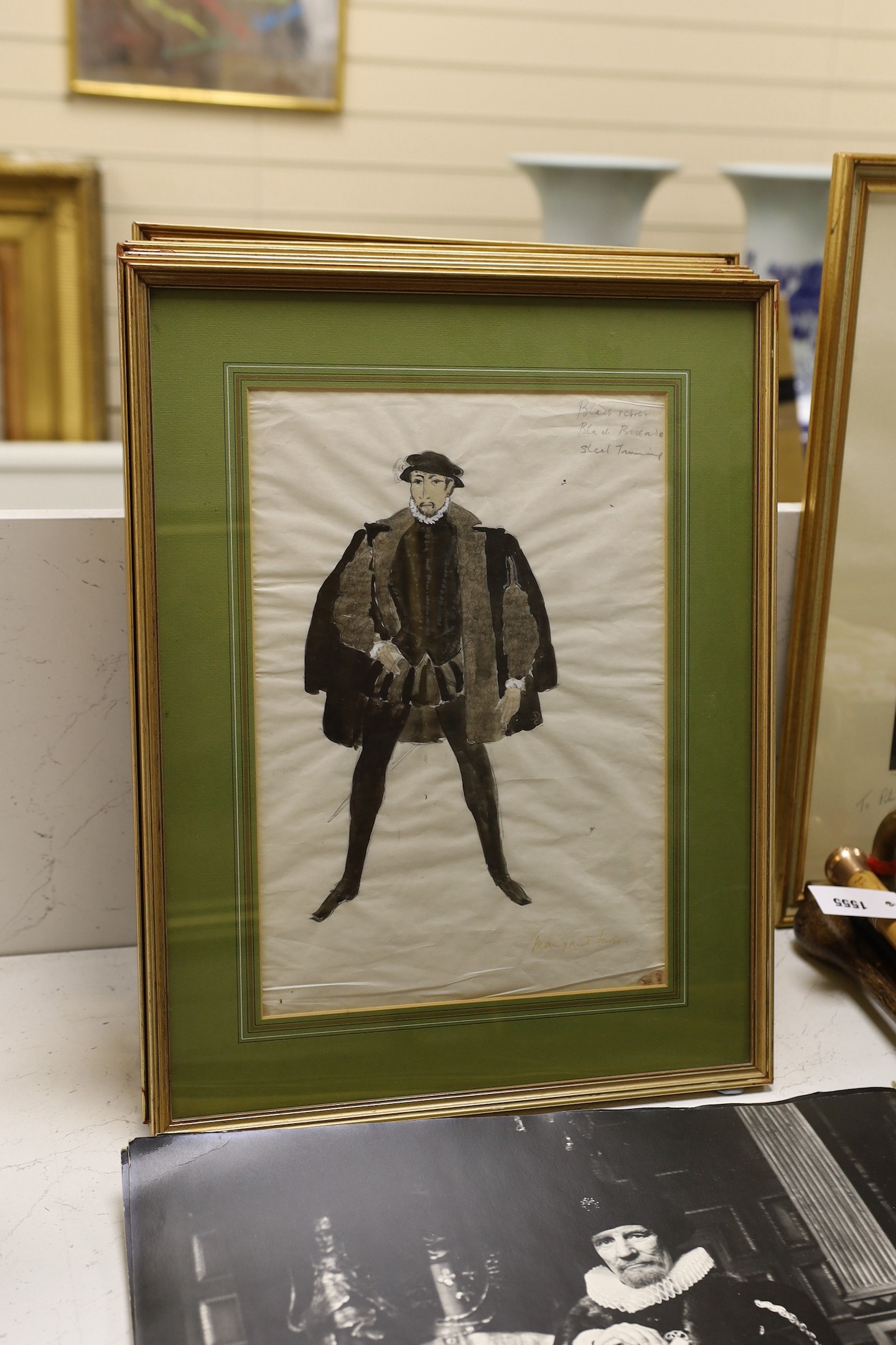 Margaret Furse, four pencil and watercolour costume designs, together with eight black and white photographs of Universal Pictures film, Mary, Queen of Scots, watercolours 39 x 27cm, photographs 61 x 50cm